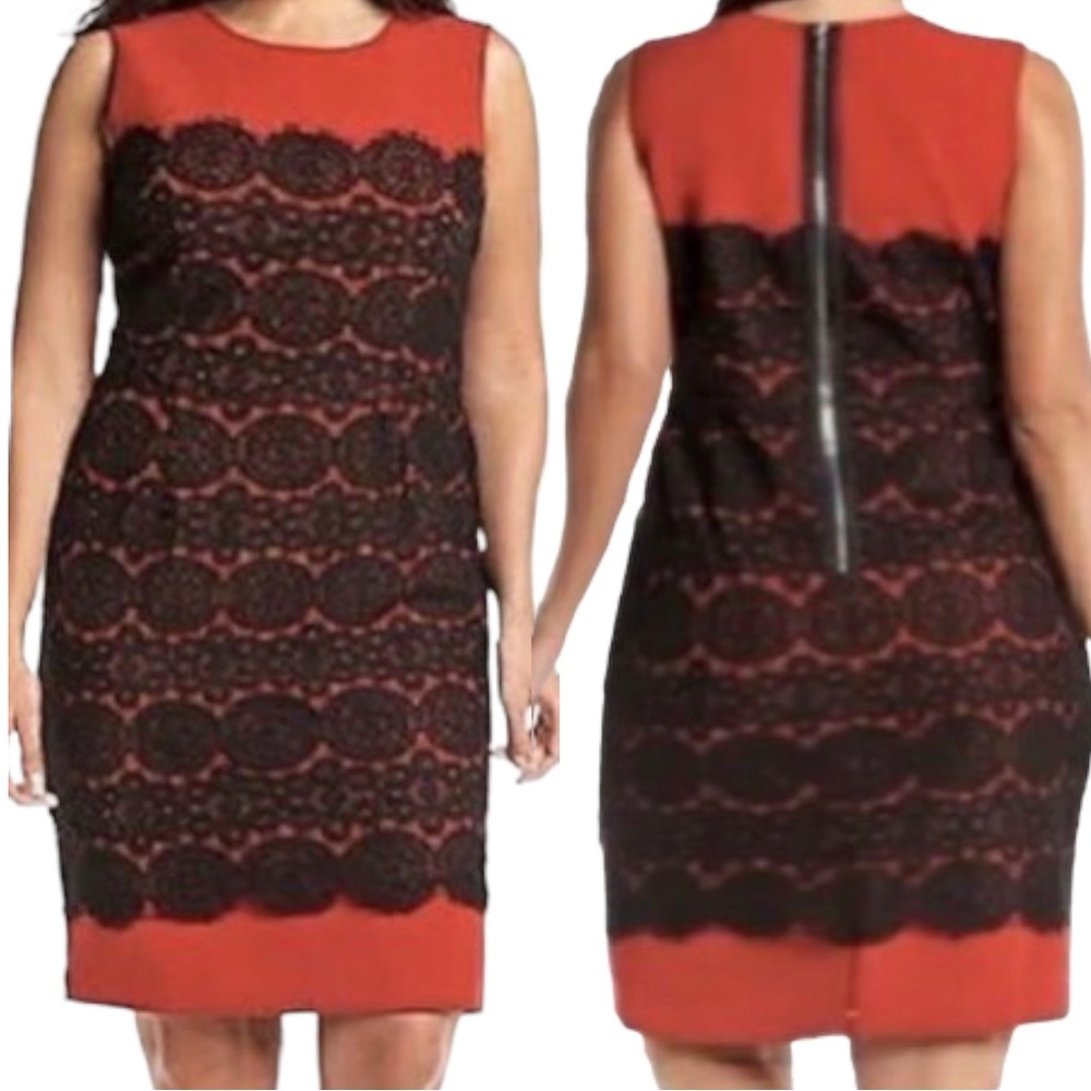 Anne Klein Lace Overlay Sheath Dress Size 22W Red Black
